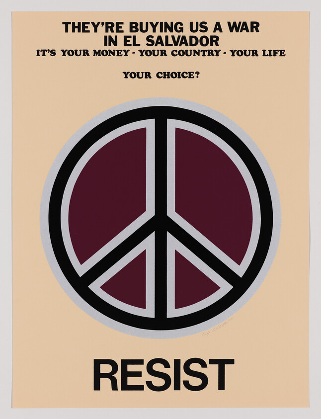 A large peace symbol with protest text about El Salvador and the bold word Resist.