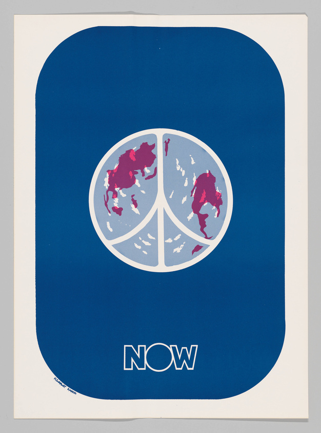 A graphic poster featuring a stylized representation of the Earth divided into three peace symbol segments against a dark blue background. The continents are colored in red on a light blue globe. Below the globe, the word "NOW" is prominently displayed in white capital letters. The bottom left corner contains a small signature text.