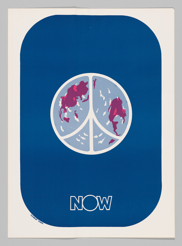 A blue poster with a globe-shaped peace symbol and the word "NOW" centered below.