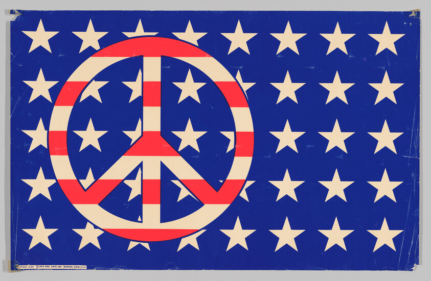 Large red-and-white peace symbol overlays a blue field filled with white stars, evoking an American flag.