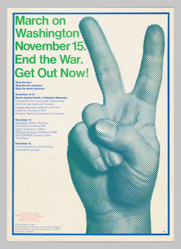 Large green halftone hand making a peace sign beside bold text calling to march on Washington November 15.