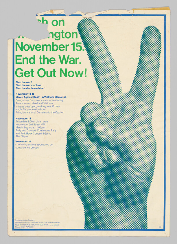 Large halftone hand showing peace sign next to bold green text 'End the War. Get Out Now!'.