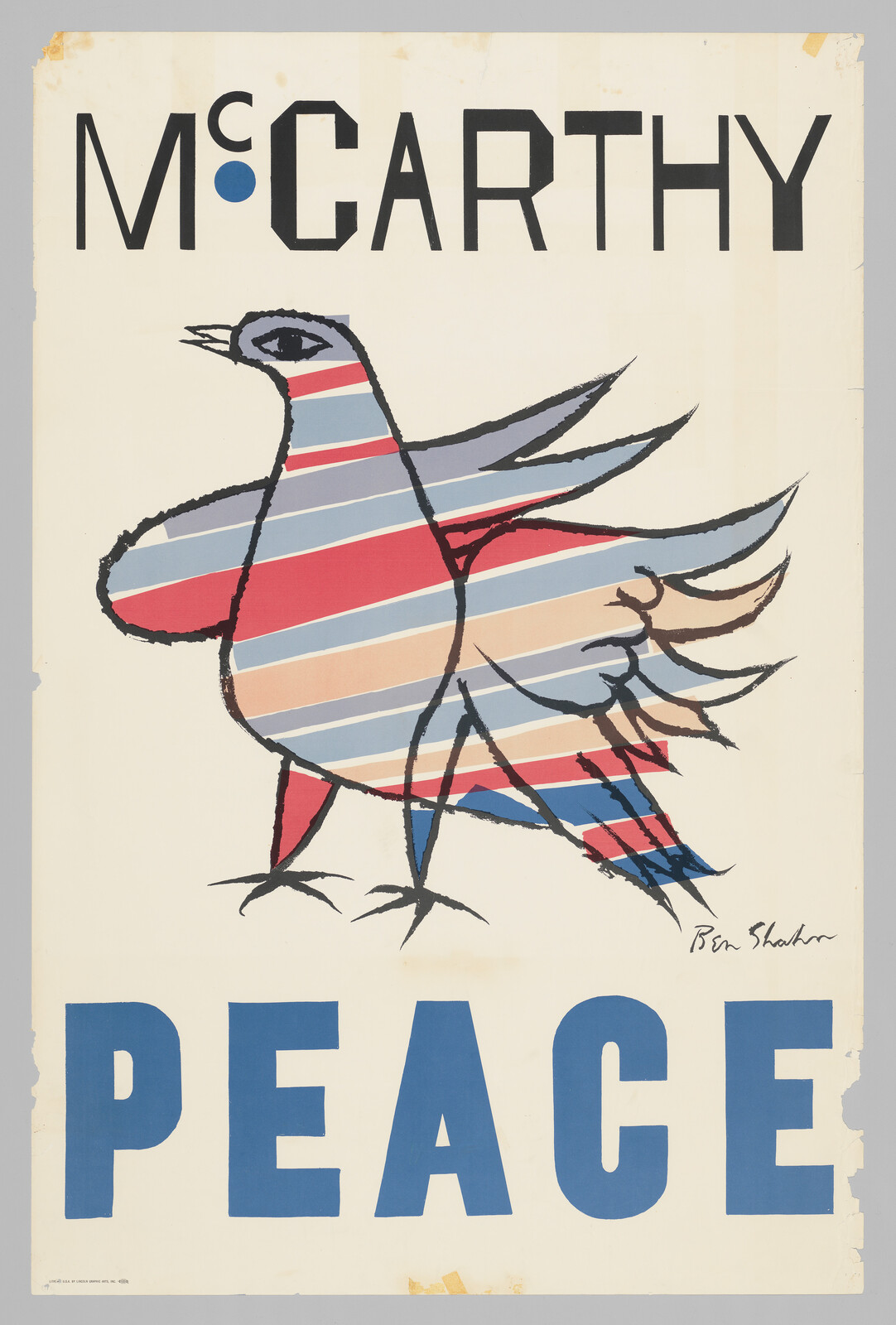 A stylized striped dove walking above large blue letters spelling peace.