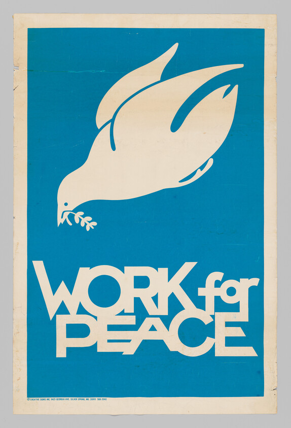 A white dove carrying an olive branch above bold text reading WORK for PEACE on a blue background.