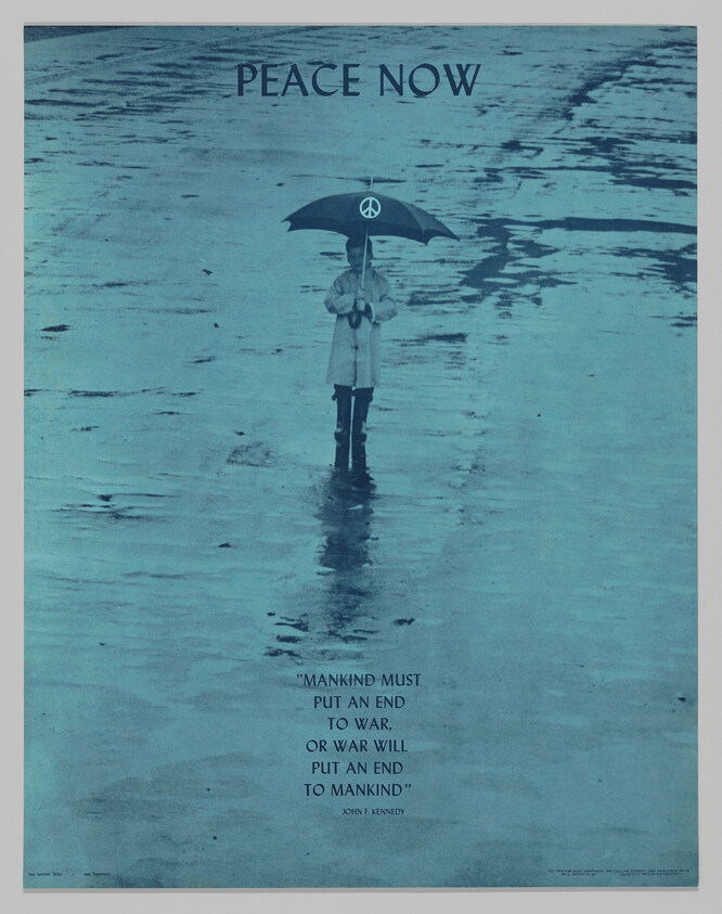 A person stands in rain holding an umbrella with a peace symbol beneath the words "Peace Now."