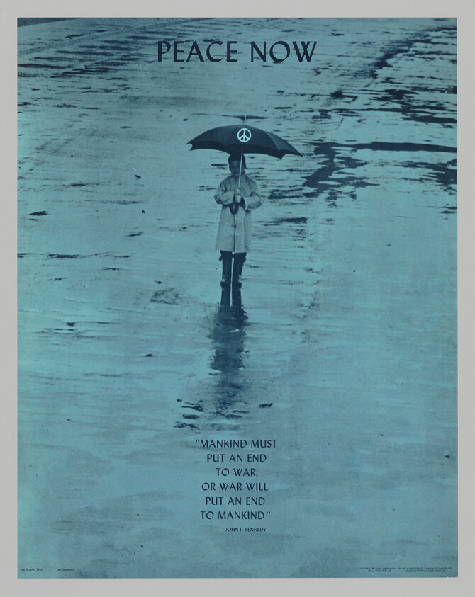 Person holding umbrella with peace symbol stands in shallow water under the words "Peace Now."