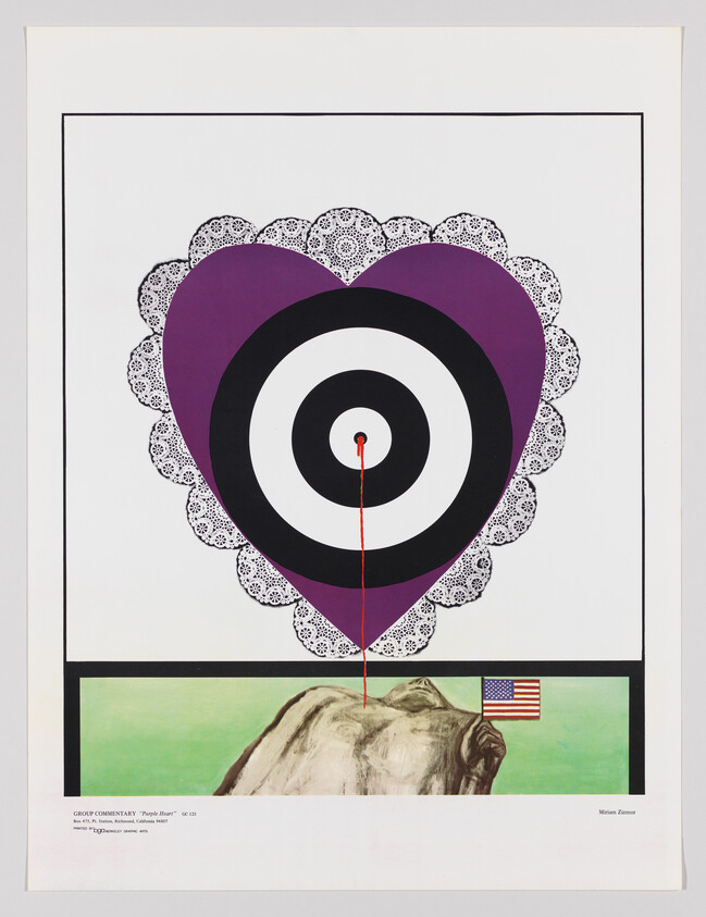 A purple heart-shaped target with a bullseye and a red line above a rock and small American flag.