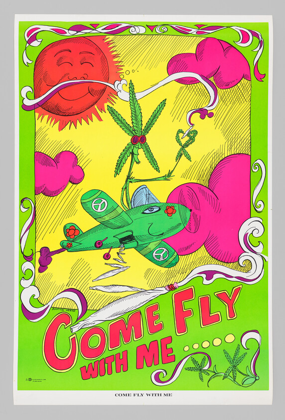 A green cartoon airplane and cannabis-leaf figure fly among pink clouds with "Come Fly With Me" text.