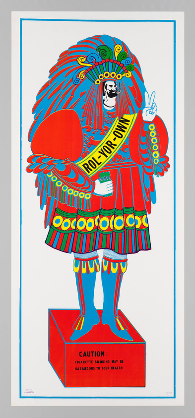 A vibrant, stylized poster featuring a figure in a Native American headdress holding a pack of cigarettes and making a peace sign, with a bold warning at the bottom about the hazards of smoking.