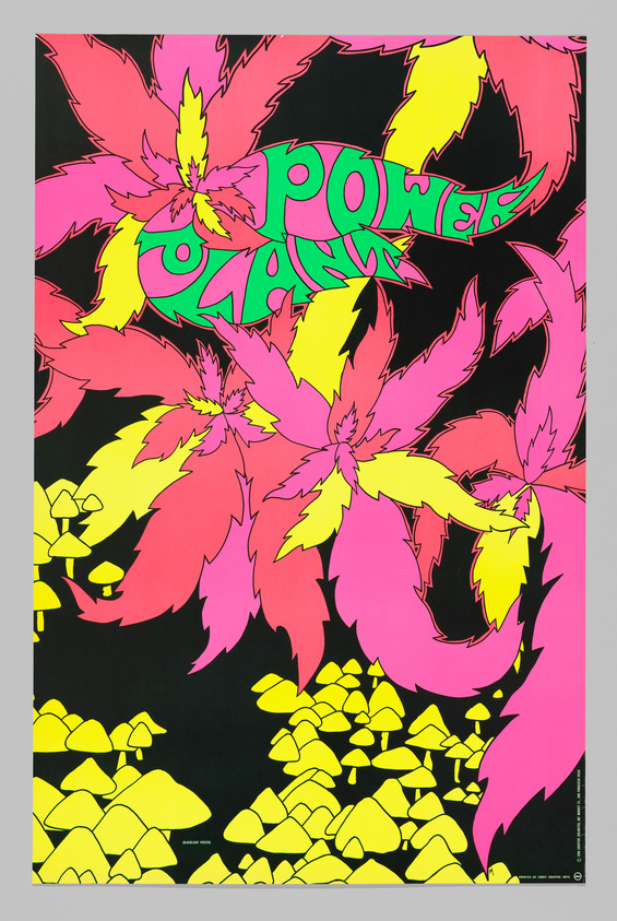 Vibrant psychedelic poster featuring large, stylized pink and yellow cannabis leaves against a black background, with the word "POWER" overlaid in bold, green letters with a pink outline. The bottom of the poster shows a pile of yellow rocks or nuggets.