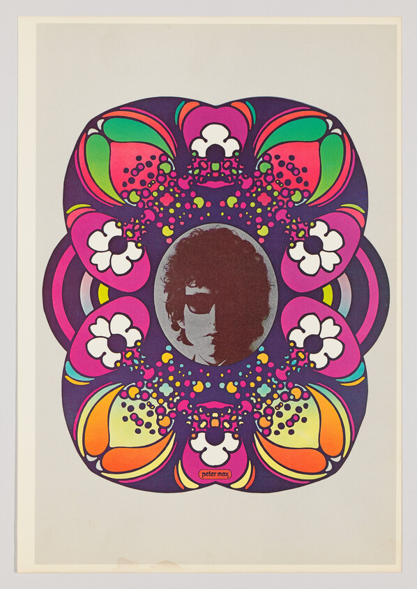 A colorful psychedelic poster with a central portrait of a person wearing sunglasses surrounded by floral patterns.