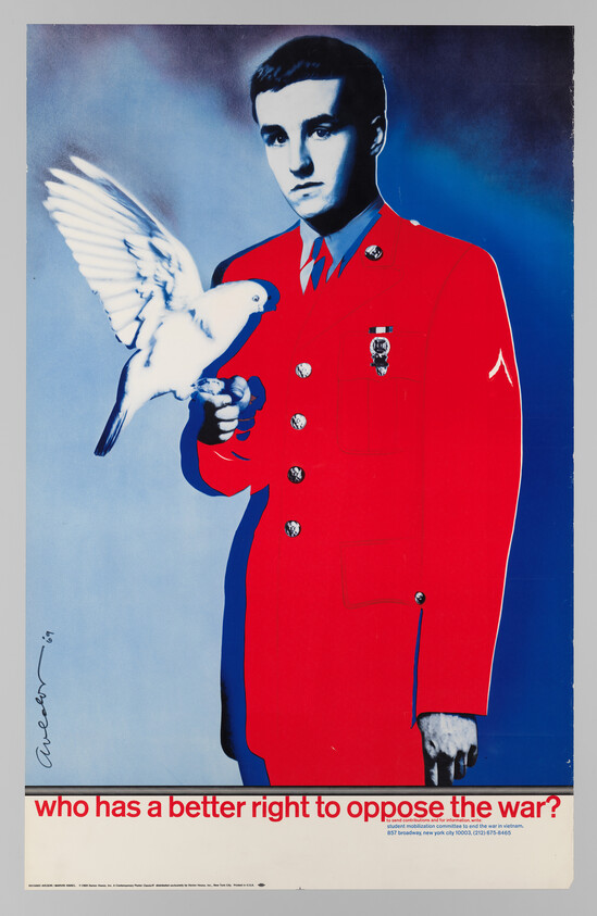 Young man in red military uniform holds a white dove with text asking who can oppose the war.