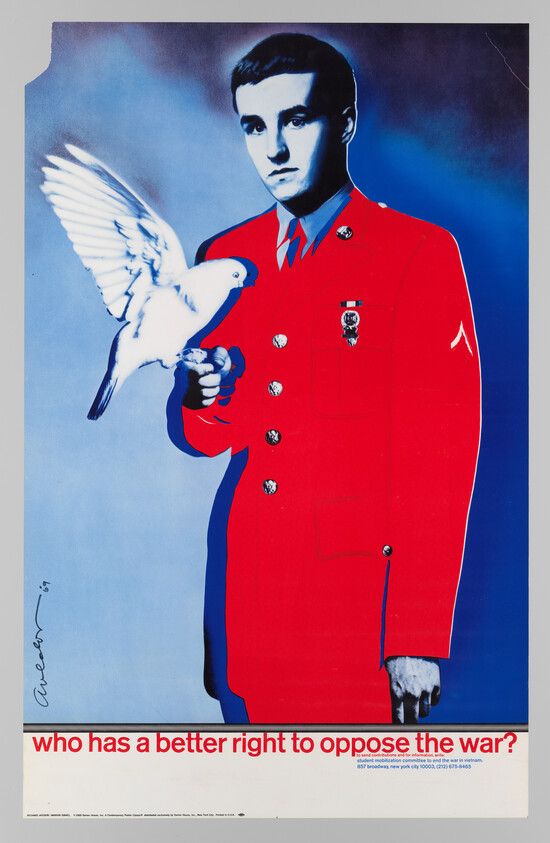 Soldier in red uniform holds a white dove, with text asking who has a better right to oppose the war.