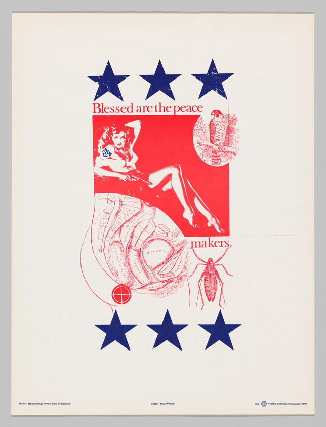 Poster shows red graphic of reclining woman, anatomical drawing, insect, and text "Blessed are the peace makers."