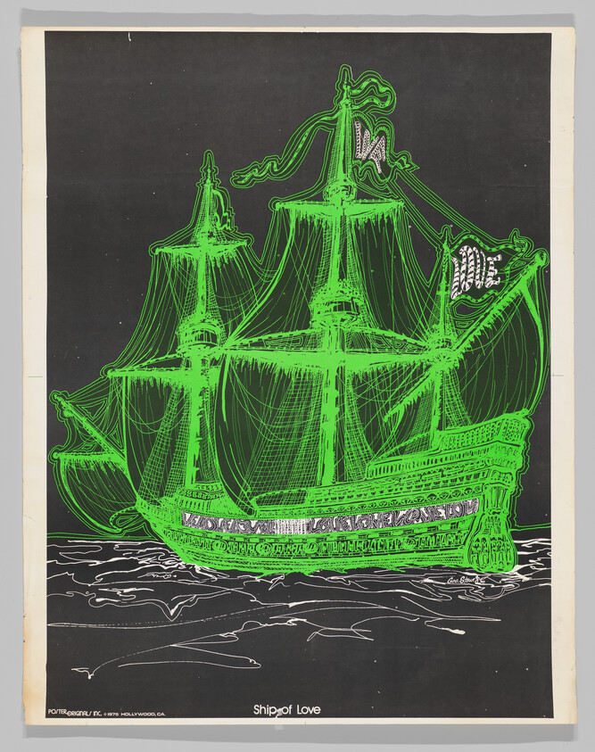 A glowing neon green three-masted sailing ship titled "Ship of Love" floats on dark waters.
