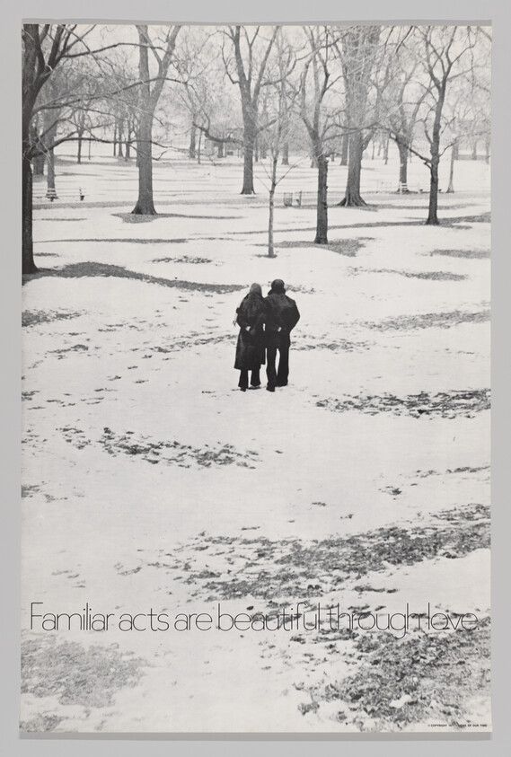Couple walks arm in arm across a snowy park with trees, caption reads familiar acts are beautiful.
