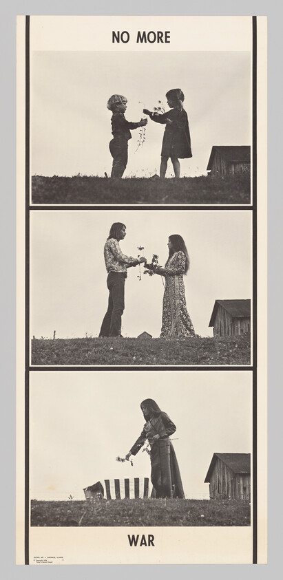 A triptych poster with the words "NO MORE" at the top and "WAR" at the bottom. The first panel shows two children in profile, standing on a grassy hill, exchanging a plant with roots. The second panel depicts a young man and woman in a similar pose, also exchanging a plant. The third panel shows a lone, cloaked figure with a hood, dropping flower stems over a wooden fence, with a small shed in the background. The overall message is a progression from innocence to loss, symbolizing the impact of war.