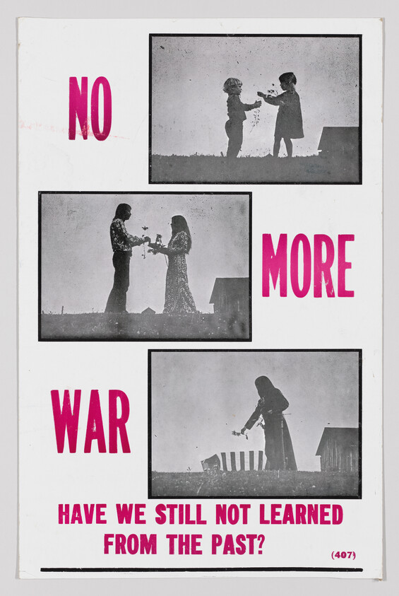 Three silhouette scenes of people laying flowers on graves with the words "No more war."