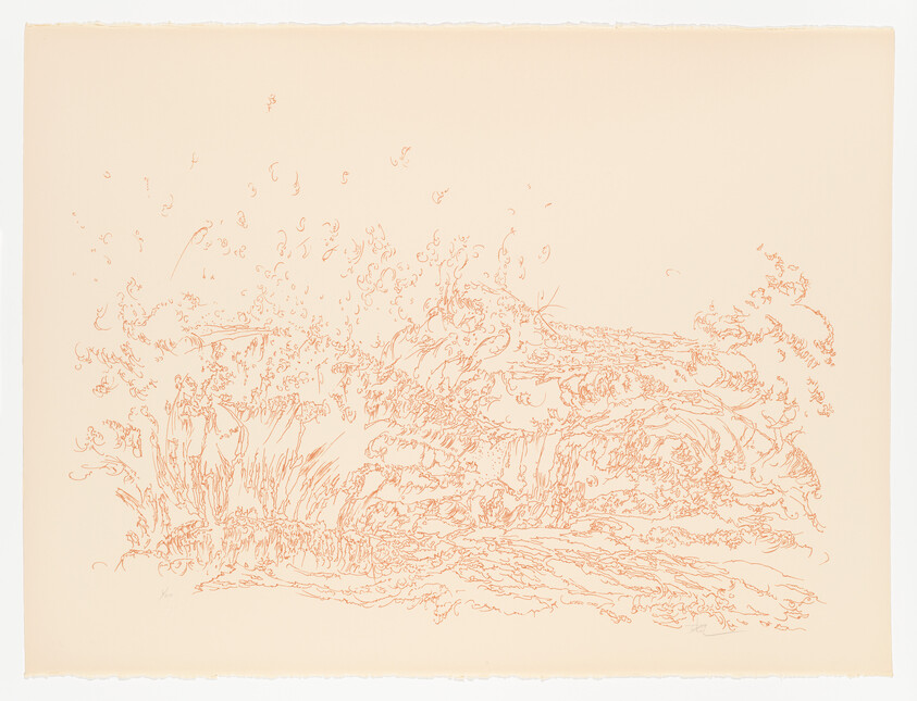 Delicate orange line drawing of tangled grasses and plants across a pale cream background.