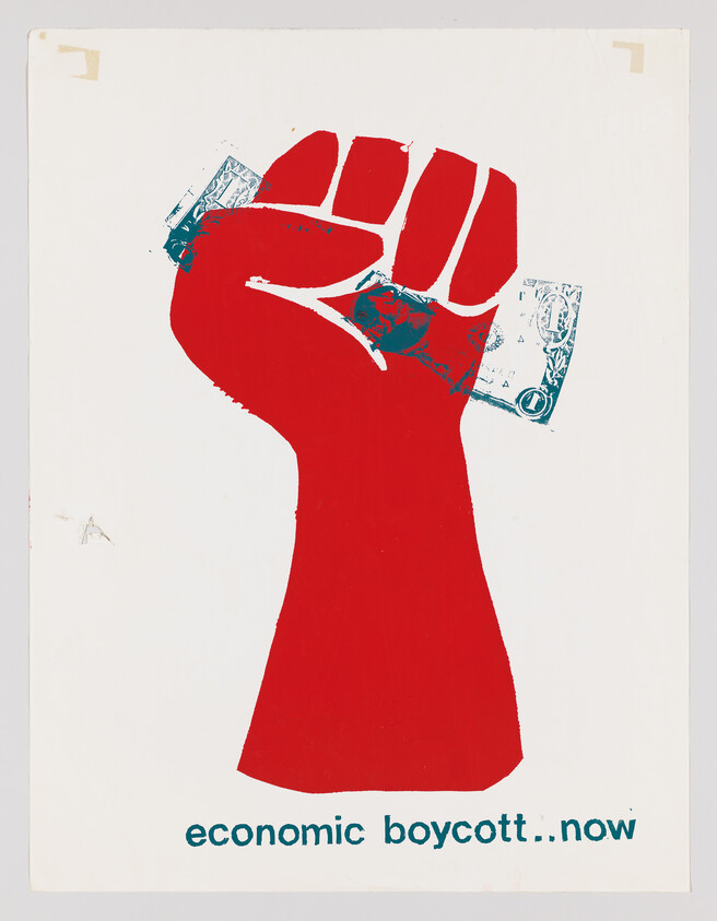 A red raised fist crushing a dollar bill with the words economic boycott..now beneath.