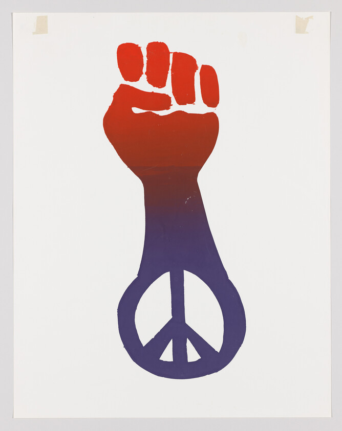 A red-to-purple raised fist transforms into a peace symbol at the wrist.