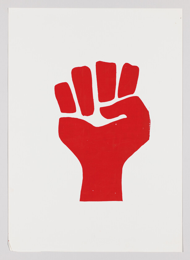 Red raised fist symbol centered on a white background representing solidarity and resistance.