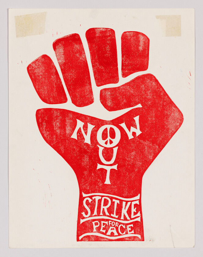 A bold red raised fist graphic with the words "Strike for Peace" and a central "Now" text.