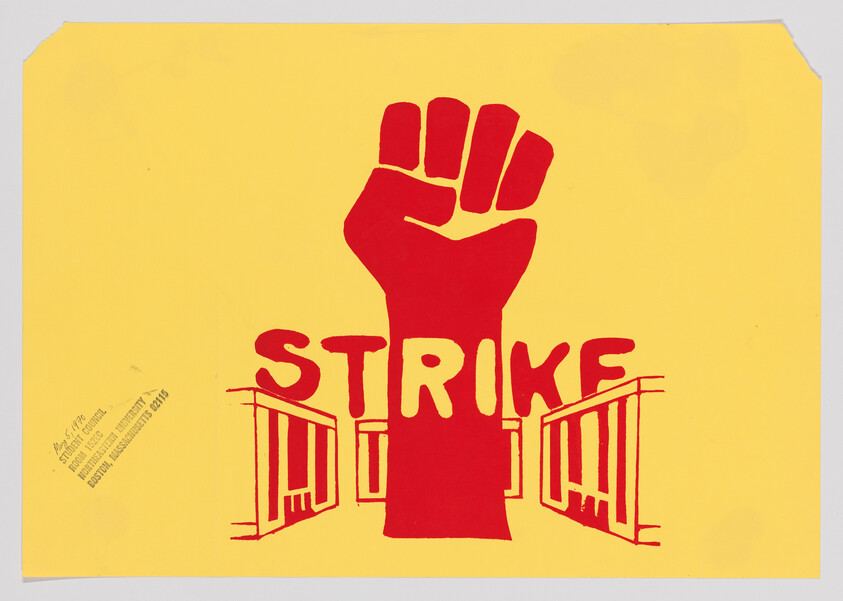A red raised fist with the word Strike above stylized gates on a yellow background.