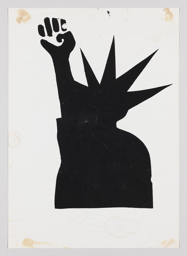 A graphic silhouette of a raised fist with spiky rays extending from the wrist area, set against a white background with some light brown discoloration spots.