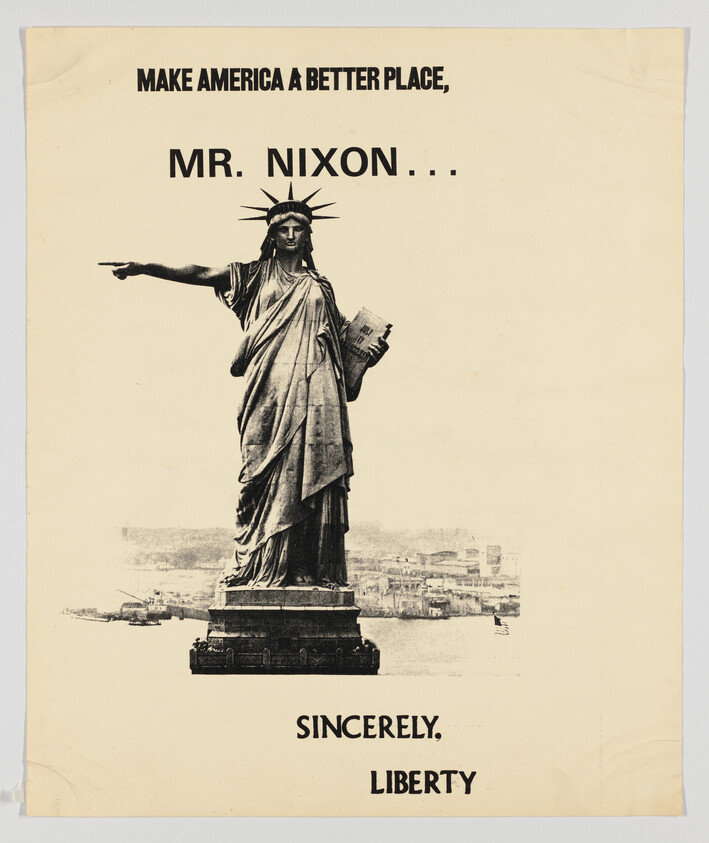 Vintage poster featuring the Statue of Liberty with the text "Make America a better place, Mr. Nixon... Sincerely, Liberty" printed above and below the image. The statue is depicted in its classic pose with the torch held high, but with the arm that normally holds the tablet extended out pointing to the side, as if singling someone out or directing attention. The background shows a faint, distant cityscape, possibly representing New York City. The poster has a slightly aged appearance with creases and discoloration.
