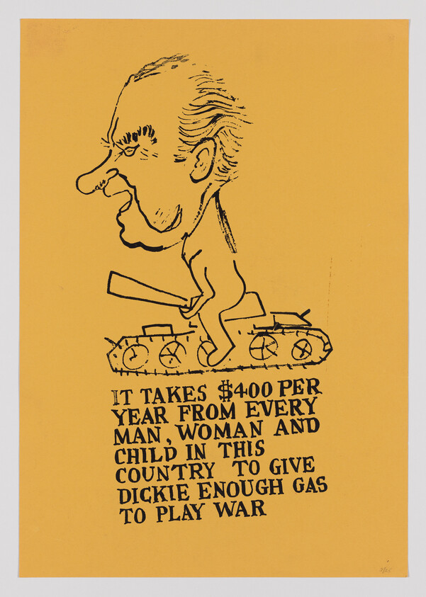 Caricature of a man straddling two tanks with text about $400 per person funding war.