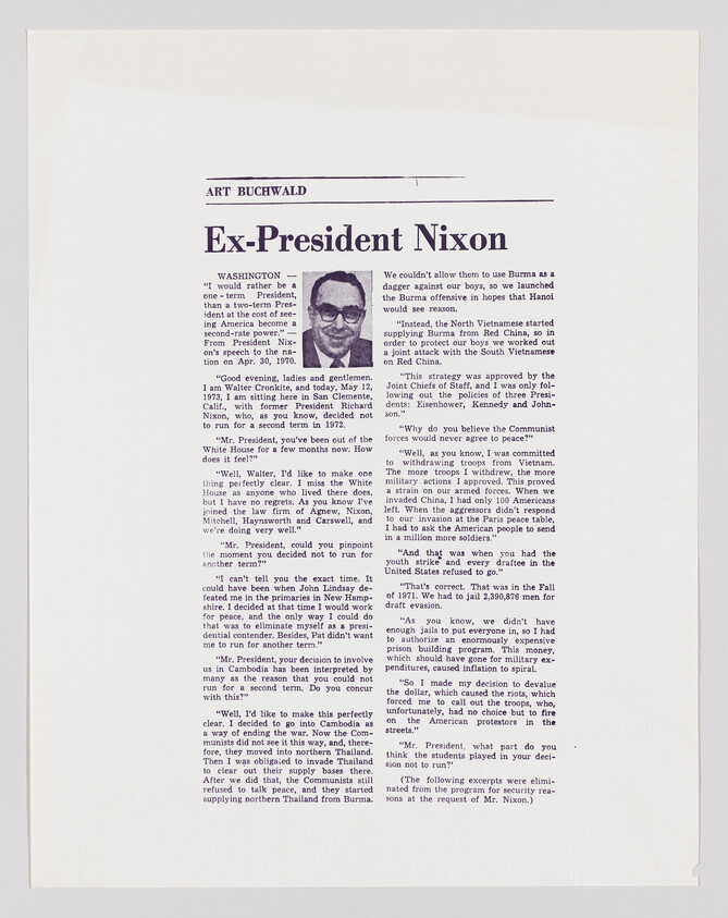 Article titled "Ex-President Nixon" with a small portrait and interview-style text about Nixon.