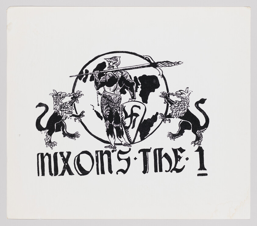 A knight holding a spear stands before a globe flanked by two lions above the text "NIXON'S THE 1".