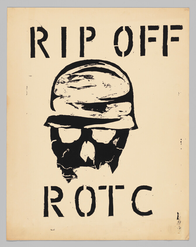 Stencil-style skull wearing a helmet with the words "RIP OFF" above and "ROTC" below.