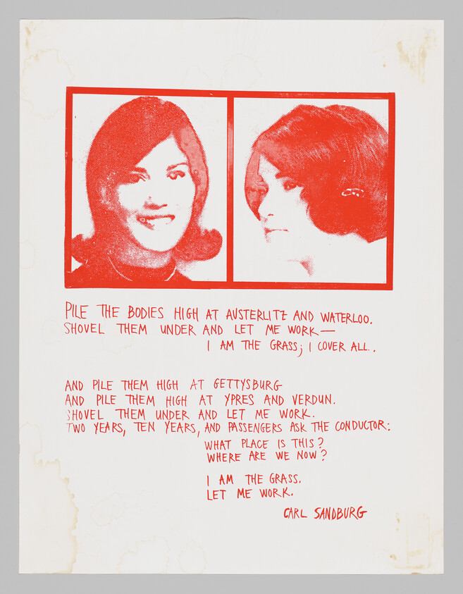 Red-printed portraits above a handwritten poem titled "I am the grass" about piling bodies and letting it work.