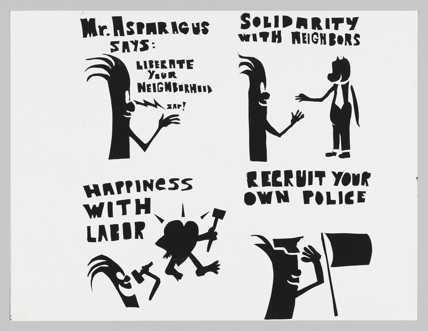 Four bold black silhouette panels urging neighborhood solidarity, labor happiness, and recruiting your own police.