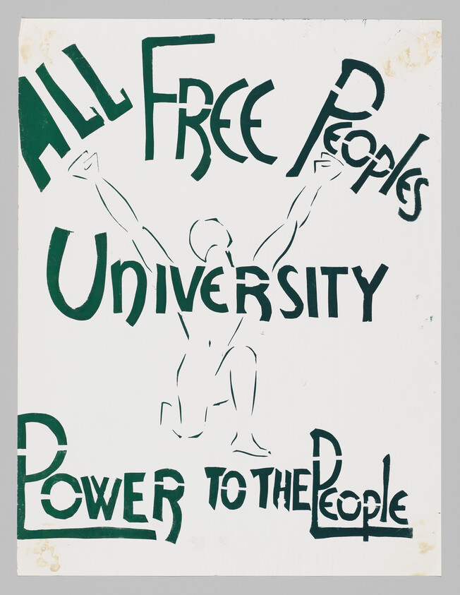 Poster with a raised-armed figure and text reading "All Free Peoples University" and "Power to the People."