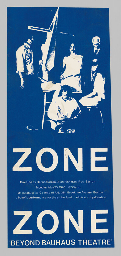 Blue poster showing theatrical cast silhouettes with the large word 'ZONE' and event details.