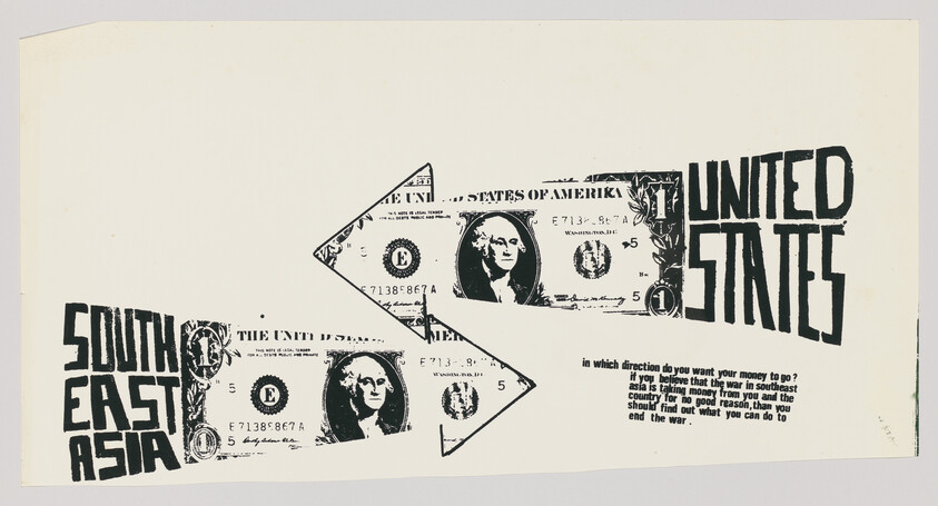 Graphic showing dollar-bill arrows pointing between South East Asia and United States with a question about money direction.