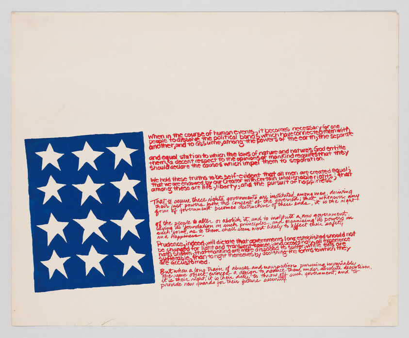 A blue field of white stars beside red handwritten text quoting the Declaration of Independence.