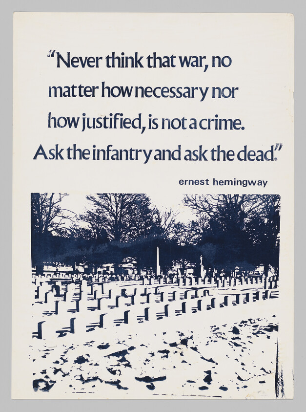 Poster shows a cemetery with rows of graves beneath an anti-war quote signed at the bottom.
