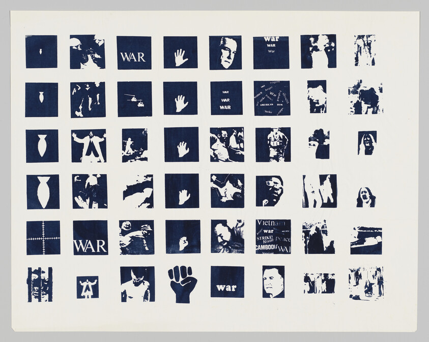 A grid of blue-and-white squares showing war-related symbols, raised fists, hands, faces, and the word "WAR".