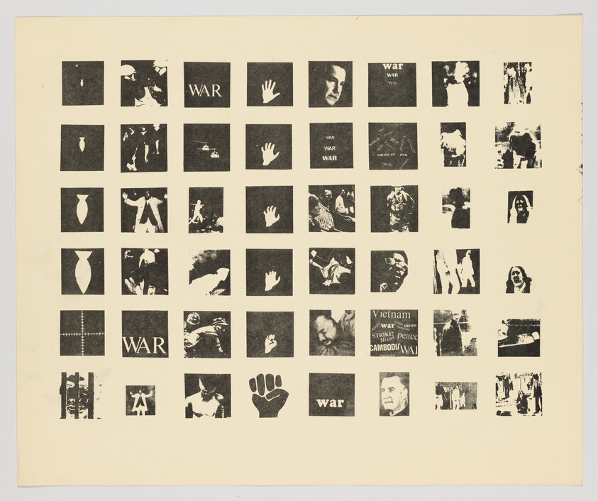Grid of small black-and-white squares showing war imagery and the repeated word war.