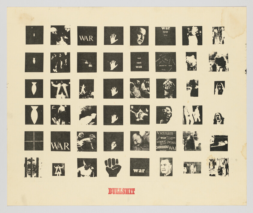 Grid of small black-and-white protest icons and photos with the red stamped word "BULLSHIT" at the bottom.