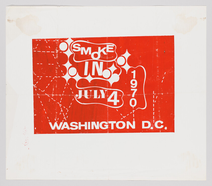 Vintage poster with bold red background featuring the text "Smoke-In July 4 1970 Washington D.C." in a stylized white font, surrounded by abstract smoke designs, with signs of wear and creases on the paper.