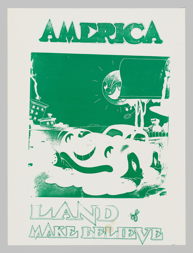 Green poster shows a smiling cloud character under the moon with the words "America" and "Land of Make Believe."