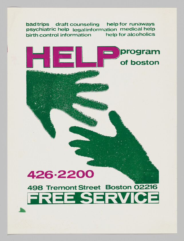 Help program of Boston poster showing two reaching hands and free service phone number.