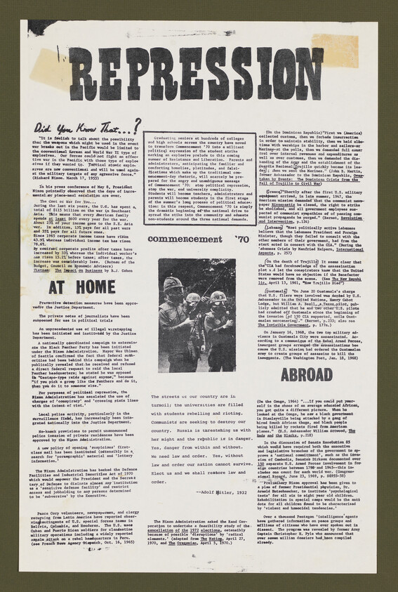 Newsletter titled 'REPRESSION' with columns and a central photo of helmeted police confronting protesters.