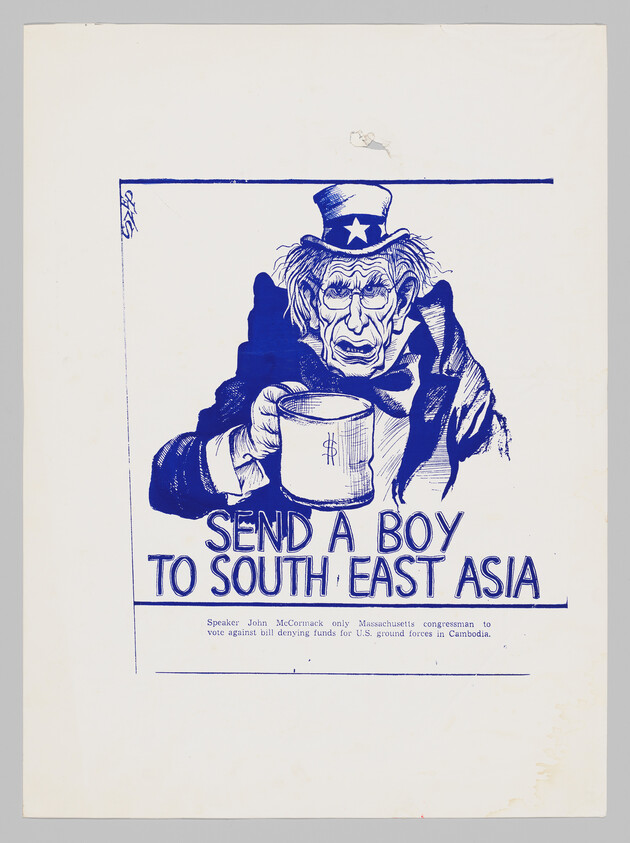 Uncle Sam holds a cup with a dollar sign and the text "Send a boy to South East Asia."