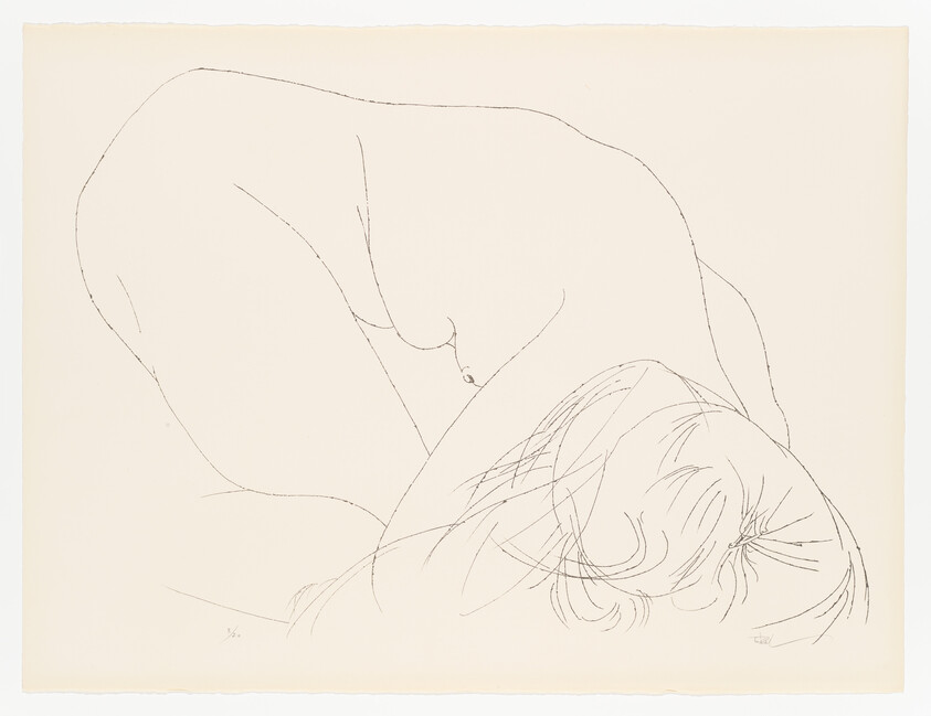 Nude person curled forward on bed with hair falling over face.